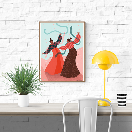 Joyful art print titled De dans by Belgian illustrator Louise de Meester, featuring two women dancing with flowing ribbons in a colorful landscape, printed in Belgium on high-quality A3 paper.
