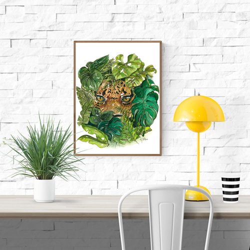 Watercolor illustration of a leopard hiding in lush green tropical jungle foliage, fine art print by Giu Watercolor – nature-inspired wall art with realistic details and vibrant botanical theme.