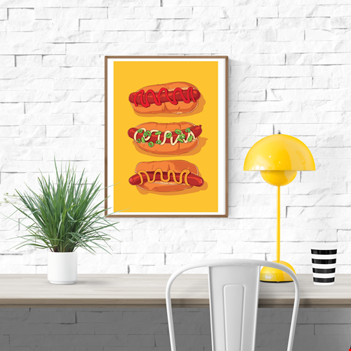 Hotdog Yellow by Barrie Jones – 30x40 cm art print featuring three illustrated hotdogs with ketchup, mustard, and toppings on a bright yellow background. Fun and modern kitchen wall art inspired by food culture.