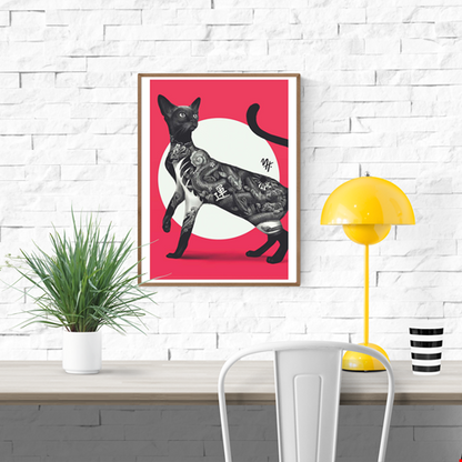Japanese Cat Tattoo Red by Mark Harrison – 30x40 cm art print featuring a black cat with detailed Japanese irezumi tattoos on its body, set against a red and white graphic background. Striking modern wall art for cat lovers and tattoo enthusiasts.