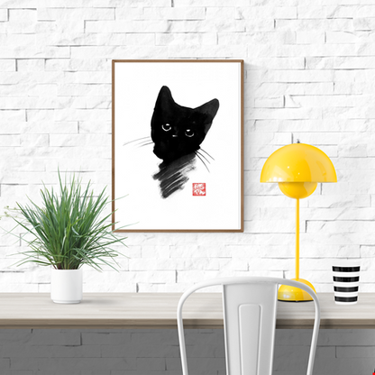 Black Kitty by Pechane Sumie – 30x40 cm Japanese sumi-e style art print of a black kitten with large expressive eyes, painted in bold black ink on white background. Minimalist cat wall art for elegant and zen interiors.