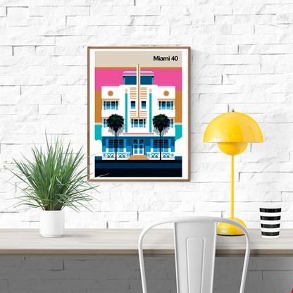 Miami 40 by Bo Lundberg – 30x40 cm retro art print inspired by Miami’s Art Deco architecture. Bold vector illustration in pink, blue, and gold tones with palm trees, capturing vintage glamour and modern minimalism.