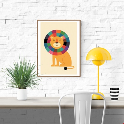 Mister Confidence by Andy Westface – 30x40 cm children’s wall art print featuring a minimalist cartoon lion with a multicolored mane, closed eyes, and a peaceful smile. Playful and colorful illustration for kids’ rooms and modern interiors.