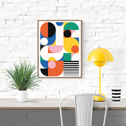 Murano by Posterlad – 30x40 cm modern art print featuring colorful geometric shapes, bold circles, rectangles, and abstract patterns. A contemporary poster for stylish home or office wall decor.