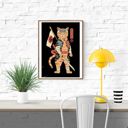 Neko Shogun by Vincent Trinidad – 30x40 cm art print of a samurai warrior cat with koi tattoos, Japanese flag, and sword. Bold, colorful pop culture artwork for modern wall decor and anime-inspired interiors.