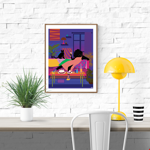 Netflix and Chill by Aurélia Durand – 30x40 cm art print of a stylish woman lounging on a sofa with a cocktail and dessert, surrounded by bold patterns, plants, and a black cat. Colorful, vibrant wall decor celebrating diversity and modern lifestyle.