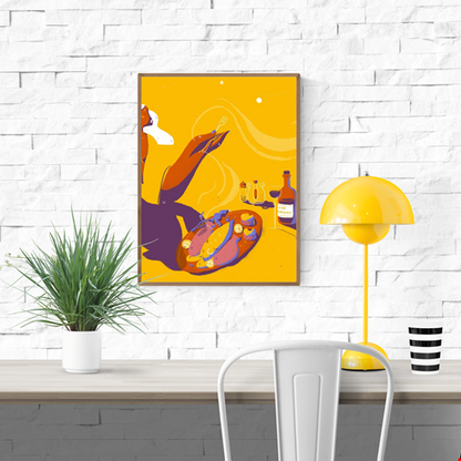 “Vino Fantastico” by Gheleyne Bastiaen – 30x40 cm digital art print showing a joyful dinner scene with wine, fish, and lemons, in warm yellow, purple and orange tones, modern Belgian illustration.