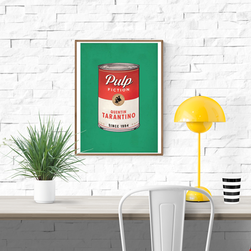 Pulp Fiction by David Redon – 30x40 cm retro pop art poster featuring a vintage tin can design labeled Quentin Tarantino, with Mia Wallace illustration. Bold green background, perfect wall art for film lovers and pop culture fans.