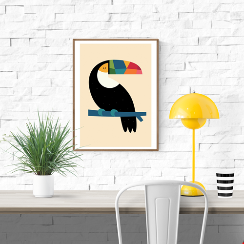 Rainbow Toucan by Andy Westface – 30x40 cm art print of a toucan with a multicolored beak and starry black feathers, perched on a blue branch. Minimalist and playful wall art, ideal for children’s bedrooms and modern interiors.