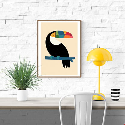 Rainbow Toucan by Andy Westface – 30x40 cm art print of a toucan with a multicolored beak and starry black feathers, perched on a blue branch. Minimalist and playful wall art, ideal for children’s bedrooms and modern interiors.