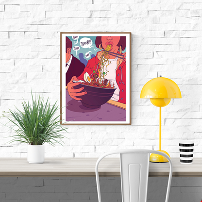 Ramen Shop by Barrie Jones – 30x40 cm colorful art print of a person eating ramen with chopsticks, noodles, egg, and broth illustrated in bold comic-style colors. Perfect Japanese food wall art for kitchens, dining rooms, or restaurant decor.