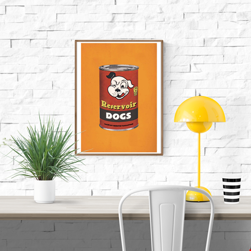 Reservoir Dogs by David Redon – 30x40 cm retro pop art print featuring a vintage-style food can design inspired by Quentin Tarantino’s cult film. Bright orange background, playful Warhol-inspired aesthetic, perfect cinema wall art for movie fans and collectors.