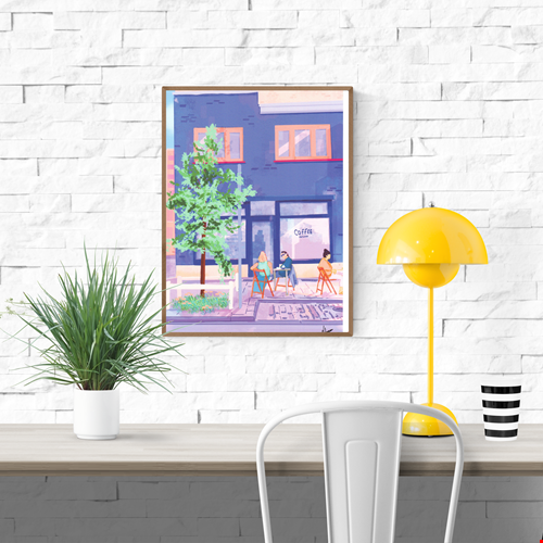 Antwerp Summer Coffee by Valeria Maggiani – A3 art print of a cozy summer café terrace in Antwerp with people enjoying coffee outdoors, urban lifestyle illustration in pastel tones, perfect wall art for design lovers and coffee enthusiasts.