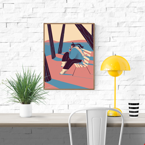 “Autumn” by Gheleyne Bastiaen – 30x40 cm art print of a woman sitting by the lake, sipping wine, with flowing scarf and soft shadows in pink, blue and cream tones, digital Belgian illustration.