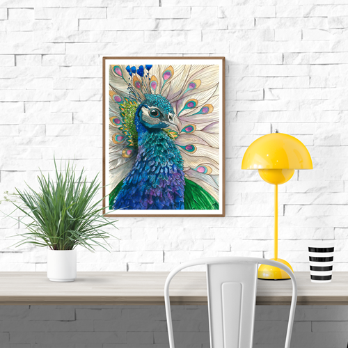 Detailed watercolor illustration of a vibrant blue and green peacock with open tail feathers – Peacock by Giu Watercolor, 30 x 40 cm giclée art print made in Belgium.