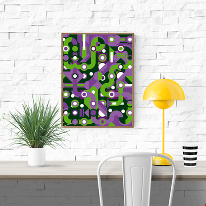 Colorful abstract geometric art print with flowing green and purple lines, circles, and shapes forming a maze-like pattern. Modern wall art by Belgian illustrator Gert Paenen of Studio Frits, perfect for contemporary interiors and design lovers.