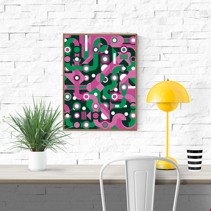 Colorful abstract geometric art print with flowing green and pink lines, circles, and shapes forming a maze-like pattern. Modern wall art by Belgian illustrator Gert Paenen of Studio Frits, perfect for contemporary interiors and design lovers.