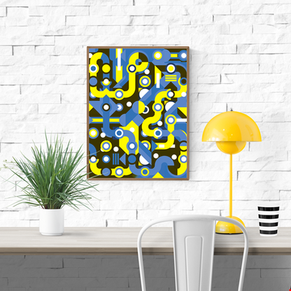 Colorful abstract geometric art print with flowing blue and yellow lines, circles, and shapes forming a maze-like pattern. Modern wall art by Belgian illustrator Gert Paenen of Studio Frits, perfect for contemporary interiors and design lovers.