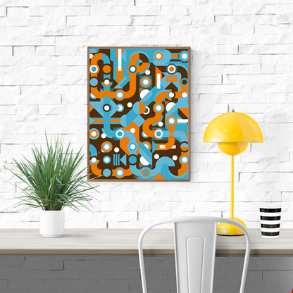 Colorful abstract geometric art print with flowing light blue and orange lines, circles, and shapes forming a maze-like pattern. Modern wall art by Belgian illustrator Gert Paenen of Studio Frits, perfect for contemporary interiors and design lovers.