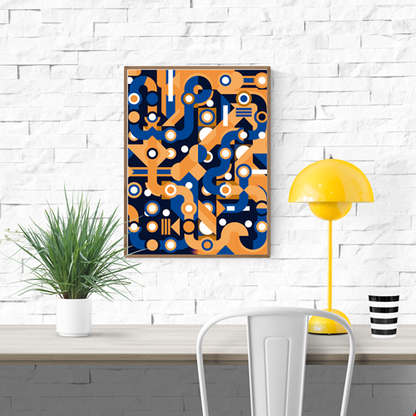 Colorful abstract geometric art print with flowing blue and orange lines, circles, and shapes forming a maze-like pattern. Modern wall art by Belgian illustrator Gert Paenen of Studio Frits, perfect for contemporary interiors and design lovers.