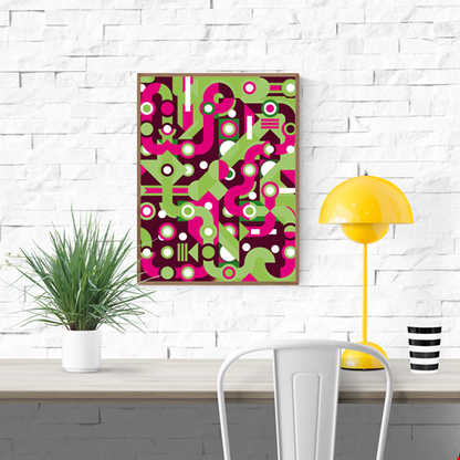 Colorful abstract geometric art print with flowing fuchsia and green lines, circles, and shapes forming a maze-like pattern. Modern wall art by Belgian illustrator Gert Paenen of Studio Frits, perfect for contemporary interiors and design lovers.