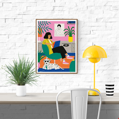 Illustration of a woman relaxing in a colorful living room with a Nina Simone poster, vinyl player, and Dalmatian dog wearing sunglasses; vibrant and playful art by Dans les Dents.