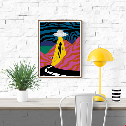 Colorful surreal art print of a flying saucer labeled "TAXI" beaming up a human figure from a winding road in psychedelic pink-orange hills and dark starry sky; illustration by Dans les Dents.