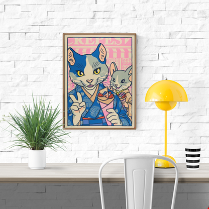 Playful pop-style illustration by Yeaaah! Studio featuring a stylish anthropomorphic cat and mouse in traditional Japanese kimonos, enjoying crepes and posing for a selfie in a colorful Harajuku street scene. A vibrant fusion of kawaii culture and retro comic art—perfect for fans of Japan-inspired, quirky wall decor