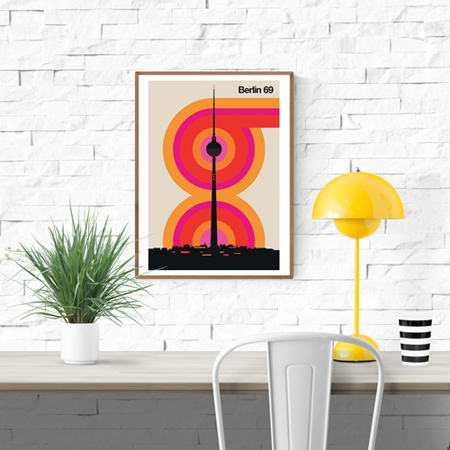 Berlin 69 by Bo Lundberg – 30x40 cm retro art print featuring the Berlin TV Tower with vibrant concentric circles in orange and pink, inspired by 1960s and 1970s graphic design. Minimalist geometric style, printed on FSC-certified paper in France, unframed, eco-friendly urban wall art for design and architecture lovers.