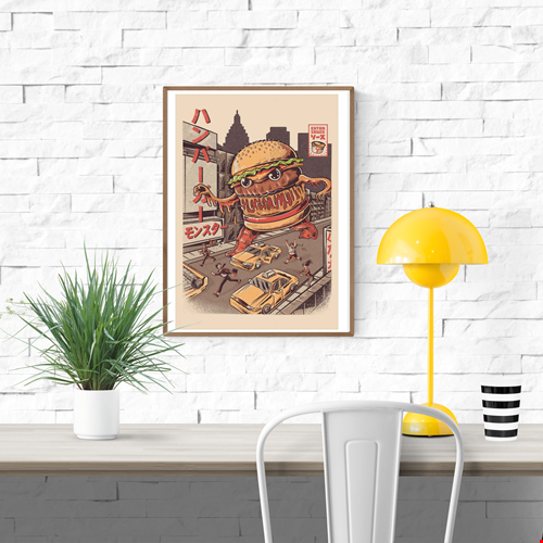 Burgerzilla by Illustrata – 30x40 cm retro pop art print featuring a giant anthropomorphic hamburger Kaiju monster rampaging through a city with taxis and fleeing people. Vintage Japanese poster style, warm retro color palette, FSC-certified eco paper, printed in France, unframed wall art for fans of comics, cult cinema, and quirky illustrations.