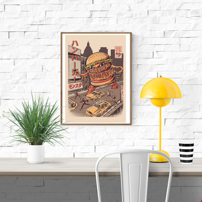 Burgerzilla by Illustrata – 30x40 cm retro pop art print featuring a giant anthropomorphic hamburger Kaiju monster rampaging through a city with taxis and fleeing people. Vintage Japanese poster style, warm retro color palette, FSC-certified eco paper, printed in France, unframed wall art for fans of comics, cult cinema, and quirky illustrations.