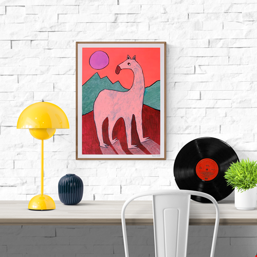 Playful and surreal illustration titled 'Beest 1' by Louise de Meester, featuring a quirky pink creature with an elongated neck set against bold red mountains, green hills, and a purple sun – a whimsical and bold art print for contemporary interiors