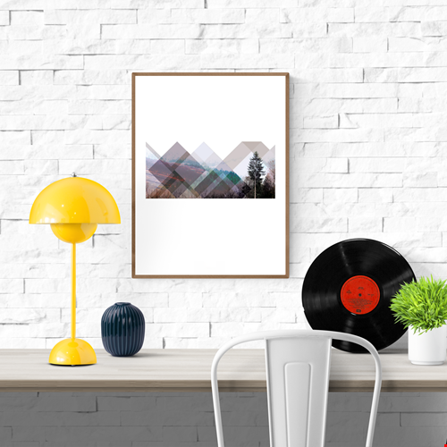 Minimalist geometric landscape art print titled Skogen by Studio Frits, combining layered transparent shapes with a Swedish forest photograph to create a peaceful Scandinavian aesthetic, ideal for contemporary wall decor.