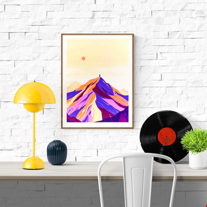 Minimalist giclée art print of the Alps by Belgian illustrator Linde Raats, featuring a pastel-colored mountain landscape in soft purple, peach, and cream tones with a small figure at the summit – 30x40 cm fine art print for modern interiors