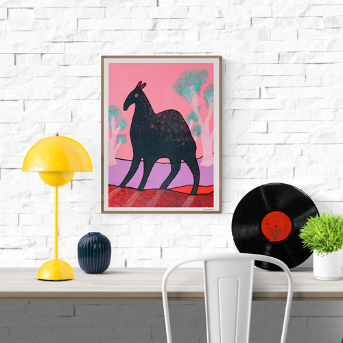 Whimsical illustration titled Beest 3 by Louise de Meester, depicting a mysterious dark creature with red eyes and subtle fur texture, set against a surreal pink and lavender landscape with dreamlike turquoise trees