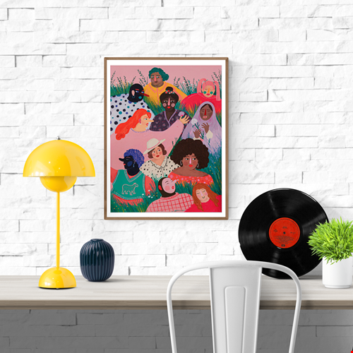 Digital art print "Girl Power" by Belgian illustrator Louise de Meester, featuring a diverse group of women in bright, expressive colors, symbolizing empowerment, unity, and friendship. Perfect for colorful interiors and feminist art collections.