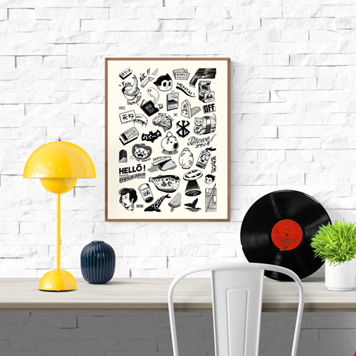 Japanese Premium Tattoos by Paiheme Studio, A3 (29.7 x 42 cm) black and white art print featuring retro Japanese tattoo-style illustrations, manga icons, playful cultural motifs, and bold graphic details. Printed on premium paper, unframed, shipped with protective sleeve and cardboard backing, perfect for fans of Japanese pop culture and tattoo-inspired artwork.