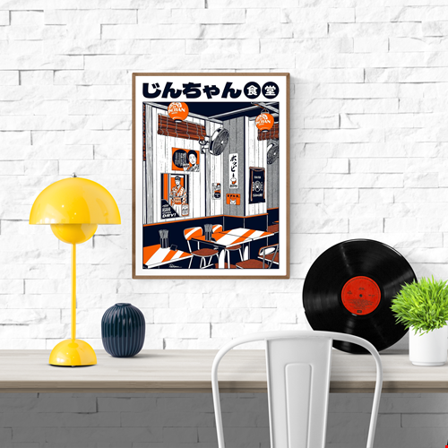 Jinchan Restaurant by Paiheme Studio – vibrant Japanese retro-style illustration of a cozy ramen shop interior with vintage posters, lanterns, and bold orange-navy details; nostalgic Japan art print perfect for modern home décor, restaurants, and collectors of Japanese pop culture