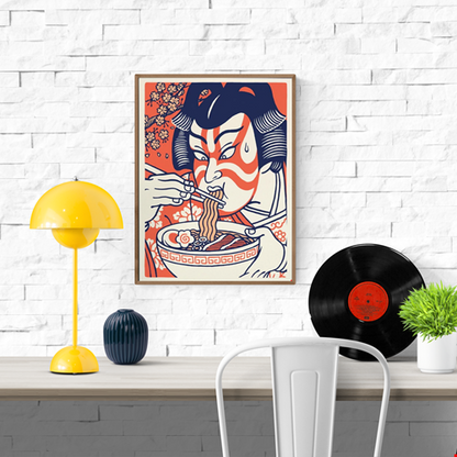 Illustrated art print of a Kabuki actor eating ramen in ukiyo-e style by Yeaaah! Studio – Japanese food illustration in bold colors, 30 x 40 cm art print made in France