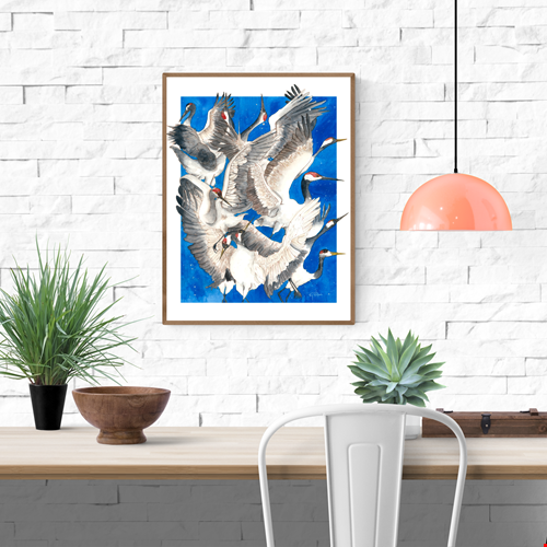 Watercolor art print titled “Caos” by Giu, featuring expressive flying cranes in motion on a deep blue background, printed in Belgium, contemporary illustration, 30 x 40 cm wall art for modern home decor.