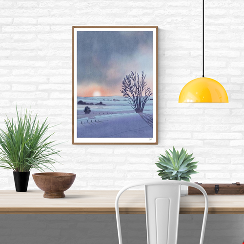 Collines art print by French illustrator Victor Pellet, 29.7 x 42 cm A3 risograph print in 4 colors, depicting a peaceful winter landscape at sunset with snow-covered hills and bare trees, printed on 150g Munken Print White paper, made in Belgium, unframed, packaged with protective sleeve and cardboard backing.