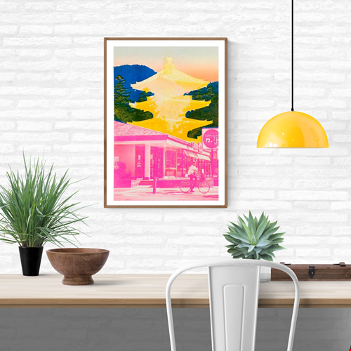Bold Japan-inspired art print with pink urban street scene, cyclist, yellow Fuji pagoda silhouette and deep blue mountain background – Fuji Landscape Collage 2 by Dutch artist PTRVRKD, A3 risograph print, limited edition.