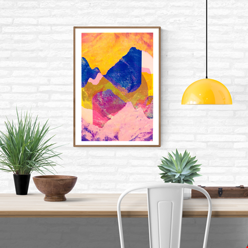 Colourful risograph mountain landscape art print by PTRVRKD, featuring layered abstract shapes in pink, yellow and blue tones; modern vibrant illustration ideal for contemporary home décor and online art buyers in Belgium, Netherlands, France and Germany