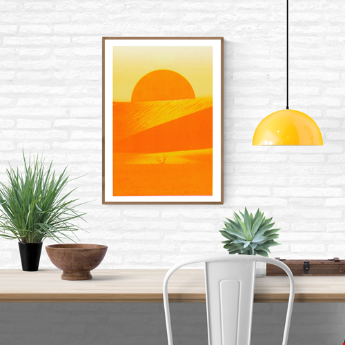 Risograph art print ‘Sossusvlei’ by PTRVRKD, featuring a bright orange desert landscape with a rising sun, minimal dunes, and a solitary dry tree, printed on Munken Pure Rough paper in A3 size. Limited-edition modern landscape artwork inspired by the Namib Desert.