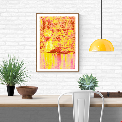 Vibrant risograph art print inspired by the cliffs and waterways of Ninh Binh, Vietnam, featuring bold neon yellows and pinks, textured rock formations, and reflective water. Contemporary limited-edition A3 artwork by PTRVRKD printed on Munken Pure Rough paper, perfect for modern interior decor.