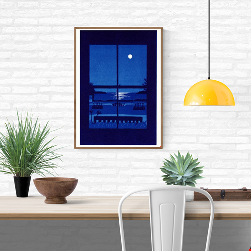 Summer Night by French illustrator Mathilde Solanet, A3 (29.7 x 42 cm) risograph print in 3 colors, limited edition of 150 signed and numbered copies. Artwork shows a serene moonlit coastal landscape through a window in rich blue tones. Printed on 150g Munken Print White paper, made in Belgium, unframed, packaged in protective sleeve with cardboard backing.