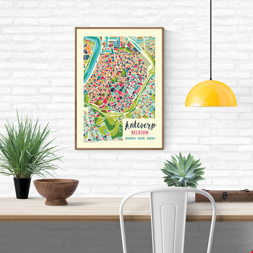 Colorful modern illustration of Antwerp city map by Studio Frits, featuring an abstract geometric layout of Belgium’s iconic port city. Urban wall art showcasing Antwerp's neighborhoods, streets, and river in vibrant colors. Perfect for travel lovers, map collectors, or contemporary home decor. Available as a high-quality art print at Galerie Frits