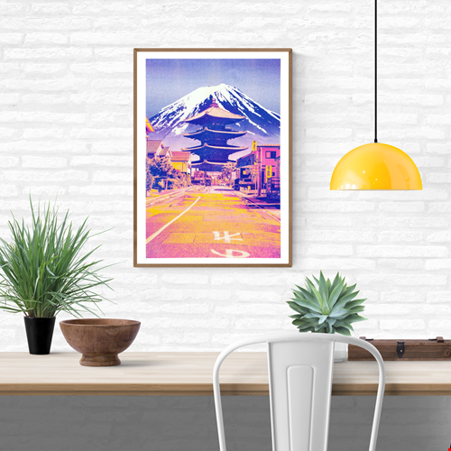 Japanese neon collage art print of Gokoyama road with pagoda and Mount Fuji in the background, vibrant pink-yellow-purple risograph-style colours, modern Japanese street scene artwork, contemporary Japan wall art for home décor, PTRVRKD illustration.