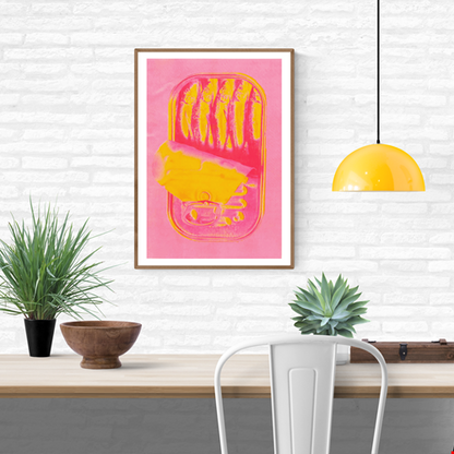 Colorful risograph print of an open sardine can in vibrant pink and yellow tones by PTRVRKD, handmade in The Netherlands, A4 art print on 250gsm Biotop paper – perfect for modern, quirky home decor.
