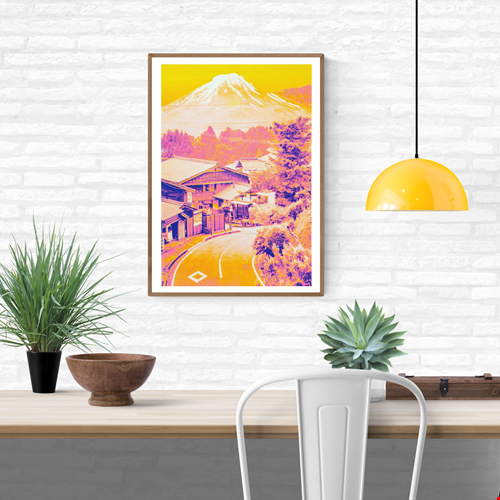 Japanese collage risograph print by PTRVRKD featuring a vibrant Fuji landscape in neon yellow and pink tones; A3 limited-edition artwork on Munken Pure Rough paper; modern Japan-inspired wall art for home decor, design lovers, and contemporary art collectors.
